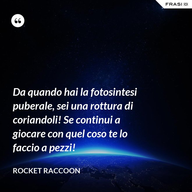Da quando hai la fotosintesi puberale, sei una rottura di coriandoli! Se continui a giocare con quel coso te lo faccio a pezzi! - Rocket Raccoon