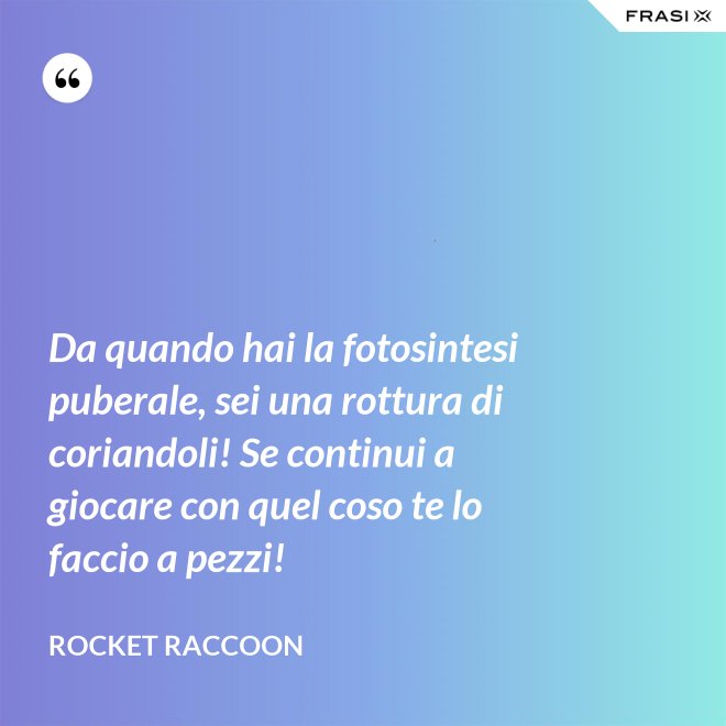 Da quando hai la fotosintesi puberale, sei una rottura di coriandoli! Se continui a giocare con quel coso te lo faccio a pezzi! - Rocket Raccoon