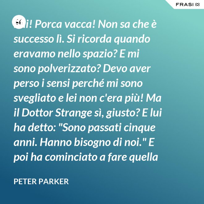 Ehi! Porca vacca! Non sa che è successo lì. Si ricorda quando eravamo nello spazio? E mi sono polverizzato? Devo aver perso i sensi perché mi sono svegliato e lei non c'era più! Ma il Dottor Strange sì, giusto? E lui ha detto: "Sono passati cinque anni. Hanno bisogno di noi." E poi ha cominciato a fare quella cosa gialla scintillante che fa sempre. - Peter Parker