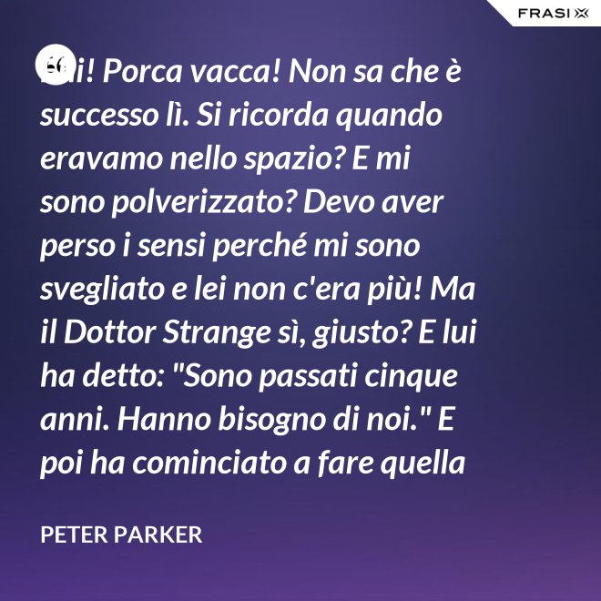 Ehi! Porca vacca! Non sa che è successo lì. Si ricorda quando eravamo nello spazio? E mi sono polverizzato? Devo aver perso i sensi perché mi sono svegliato e lei non c'era più! Ma il Dottor Strange sì, giusto? E lui ha detto: "Sono passati cinque anni. Hanno bisogno di noi." E poi ha cominciato a fare quella cosa gialla scintillante che fa sempre. - Peter Parker
