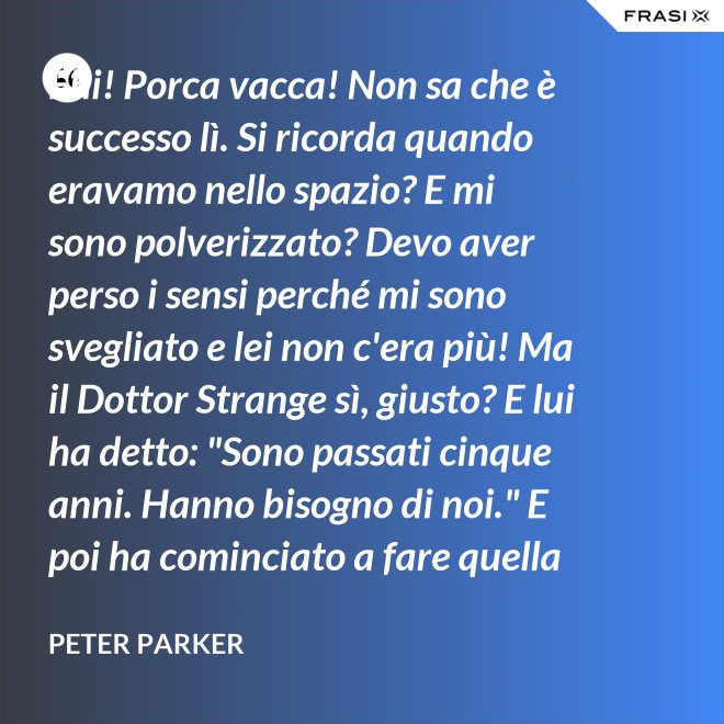 Ehi! Porca vacca! Non sa che è successo lì. Si ricorda quando eravamo nello spazio? E mi sono polverizzato? Devo aver perso i sensi perché mi sono svegliato e lei non c'era più! Ma il Dottor Strange sì, giusto? E lui ha detto: "Sono passati cinque anni. Hanno bisogno di noi." E poi ha cominciato a fare quella cosa gialla scintillante che fa sempre. - Peter Parker