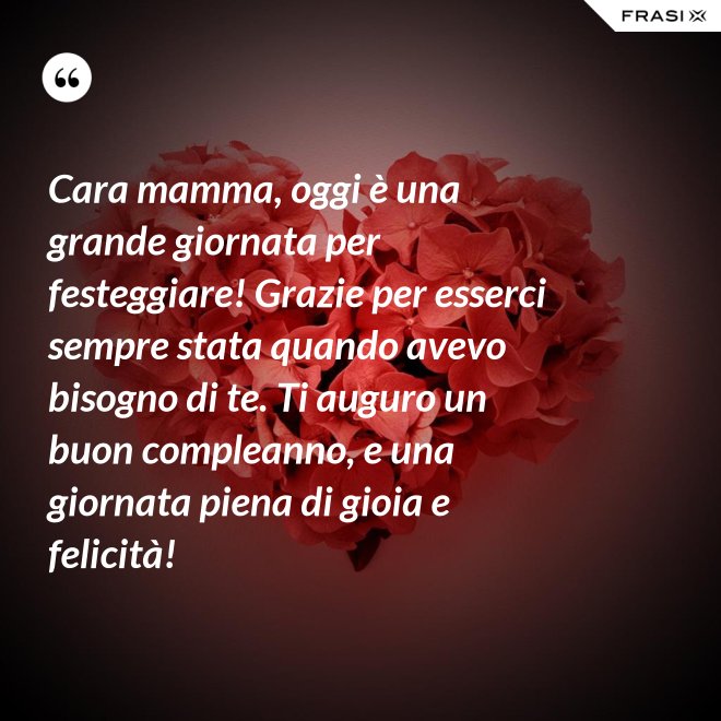 Cara mamma, oggi è una grande giornata per festeggiare! Grazie per esserci sempre stata quando avevo bisogno di te. Ti auguro un buon compleanno, e una giornata piena di gioia e felicità! - Anonimo