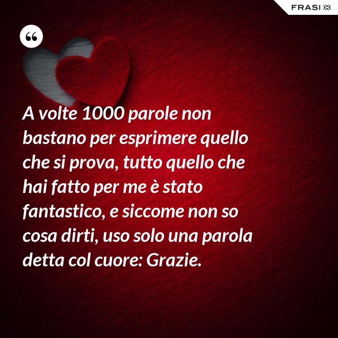A volte 1000 parole non bastano per esprimere quello che si prova, tutto quello che hai fatto per me è stato fantastico, e siccome non so cosa dirti, uso solo una parola detta col cuore: Grazie. - Anonimo