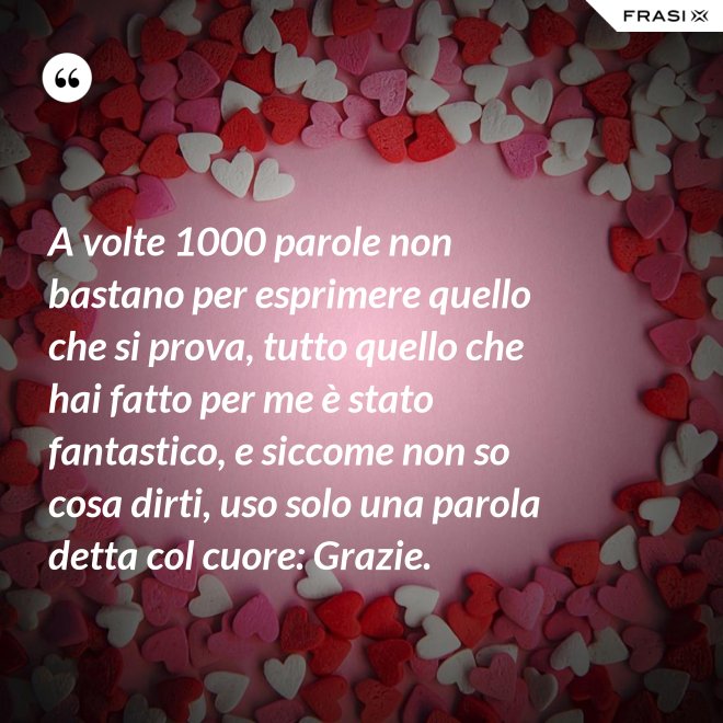 A volte 1000 parole non bastano per esprimere quello che si prova, tutto quello che hai fatto per me è stato fantastico, e siccome non so cosa dirti, uso solo una parola detta col cuore: Grazie. - Anonimo