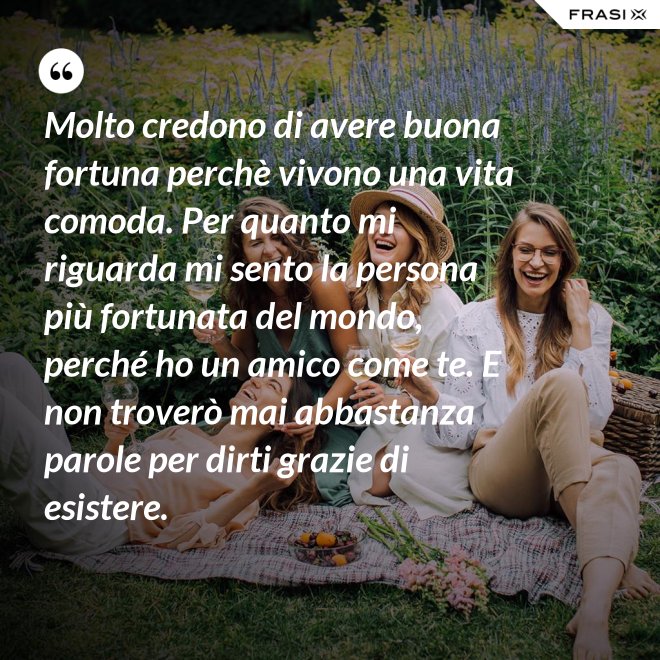 Molto credono di avere buona fortuna perchè vivono una vita comoda. Per quanto mi riguarda mi sento la persona più fortunata del mondo, perché ho un amico come te. E non troverò mai abbastanza parole per dirti grazie di esistere. - Anonimo