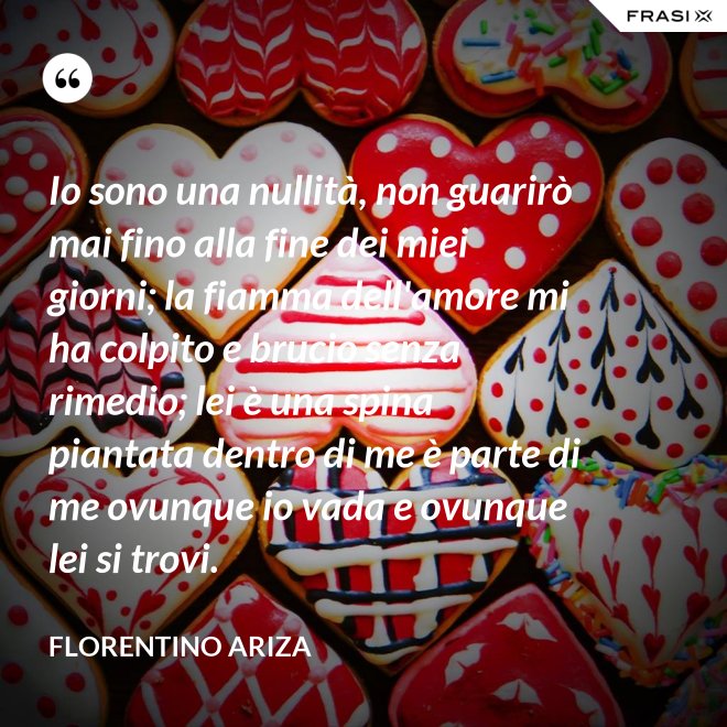Io sono una nullità, non guarirò mai fino alla fine dei miei giorni; la fiamma dell'amore mi ha colpito e brucio senza rimedio; lei è una spina piantata dentro di me è parte di me ovunque io vada e ovunque lei si trovi. - Florentino Ariza