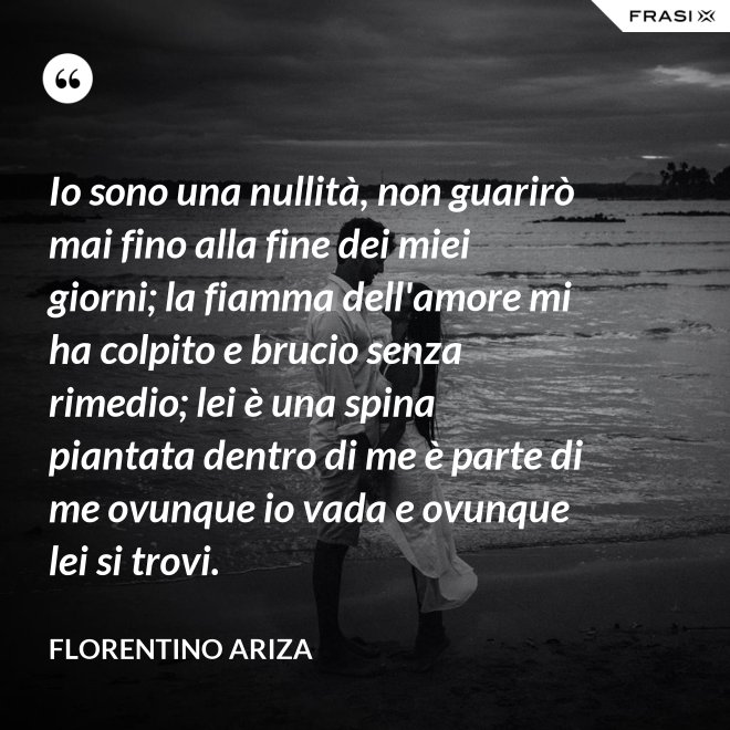 Io sono una nullità, non guarirò mai fino alla fine dei miei giorni; la fiamma dell'amore mi ha colpito e brucio senza rimedio; lei è una spina piantata dentro di me è parte di me ovunque io vada e ovunque lei si trovi. - Florentino Ariza