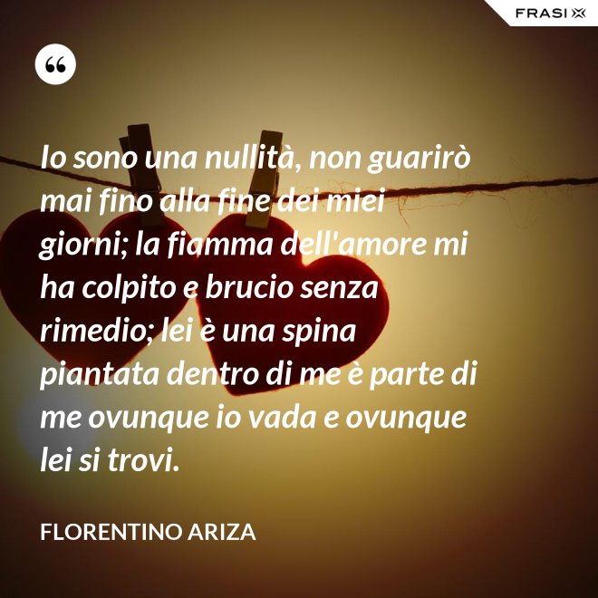 Io sono una nullità, non guarirò mai fino alla fine dei miei giorni; la fiamma dell'amore mi ha colpito e brucio senza rimedio; lei è una spina piantata dentro di me è parte di me ovunque io vada e ovunque lei si trovi. - Florentino Ariza
