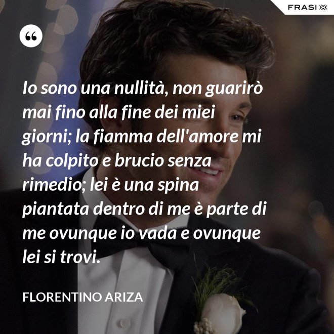 Io sono una nullità, non guarirò mai fino alla fine dei miei giorni; la fiamma dell'amore mi ha colpito e brucio senza rimedio; lei è una spina piantata dentro di me è parte di me ovunque io vada e ovunque lei si trovi. - Florentino Ariza