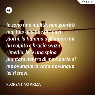 Io sono una nullità, non guarirò mai fino alla fine dei miei giorni; la fiamma dell'amore mi ha colpito e brucio senza rimedio; lei è una spina piantata dentro di me è parte di me ovunque io vada e ovunque lei si trovi. - Florentino Ariza
