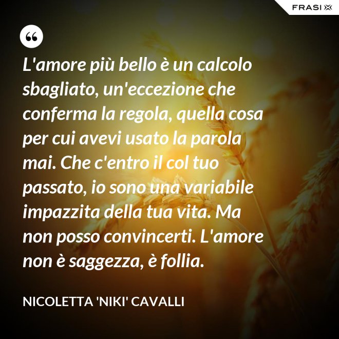 L'amore più bello è un calcolo sbagliato, un'eccezione che conferma la regola, quella cosa per cui avevi usato la parola mai. Che c'entro il col tuo passato, io sono una variabile impazzita della tua vita. Ma non posso convincerti. L'amore non è saggezza, è follia. - Nicoletta 'Niki' Cavalli