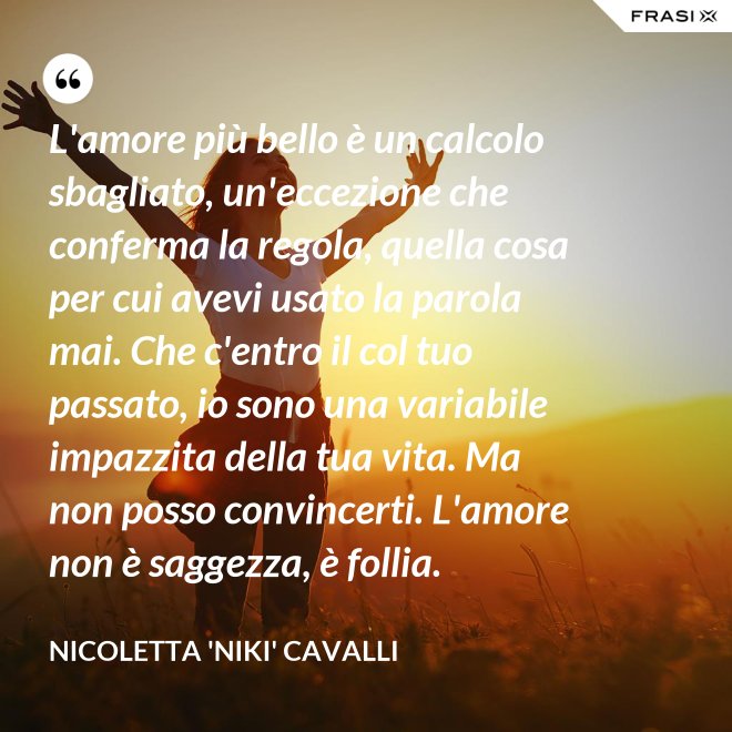 L'amore più bello è un calcolo sbagliato, un'eccezione che conferma la regola, quella cosa per cui avevi usato la parola mai. Che c'entro il col tuo passato, io sono una variabile impazzita della tua vita. Ma non posso convincerti. L'amore non è saggezza, è follia. - Nicoletta 'Niki' Cavalli