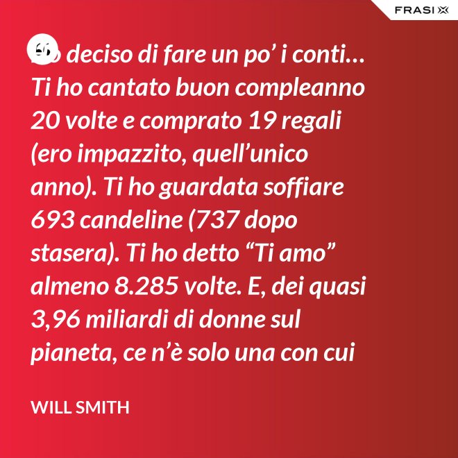 Ho deciso di fare un po’ i conti… Ti ho cantato buon compleanno 20 volte e comprato 19 regali (ero impazzito, quell’unico anno). Ti ho guardata soffiare 693 candeline (737 dopo stasera). Ti ho detto “Ti amo” almeno 8.285 volte. E, dei quasi 3,96 miliardi di donne sul pianeta, ce n’è solo una con cui voglio spendere il resto della mia vita. Buon compleanno, amore mio! - Will Smith