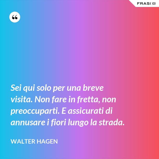 Sei qui solo per una breve visita. Non fare in fretta, non preoccuparti. E assicurati di annusare i fiori lungo la strada. - Walter Hagen