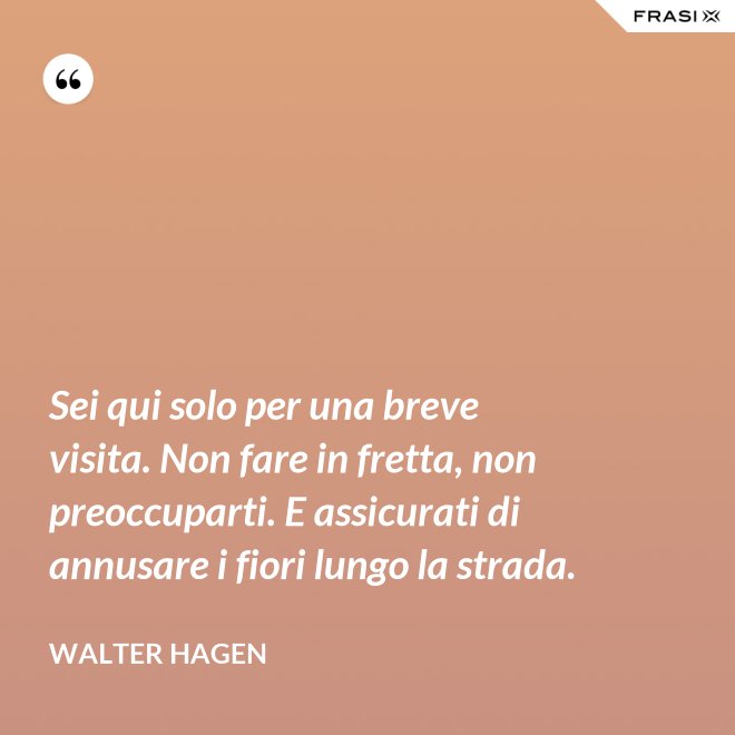 Sei qui solo per una breve visita. Non fare in fretta, non preoccuparti. E assicurati di annusare i fiori lungo la strada. - Walter Hagen