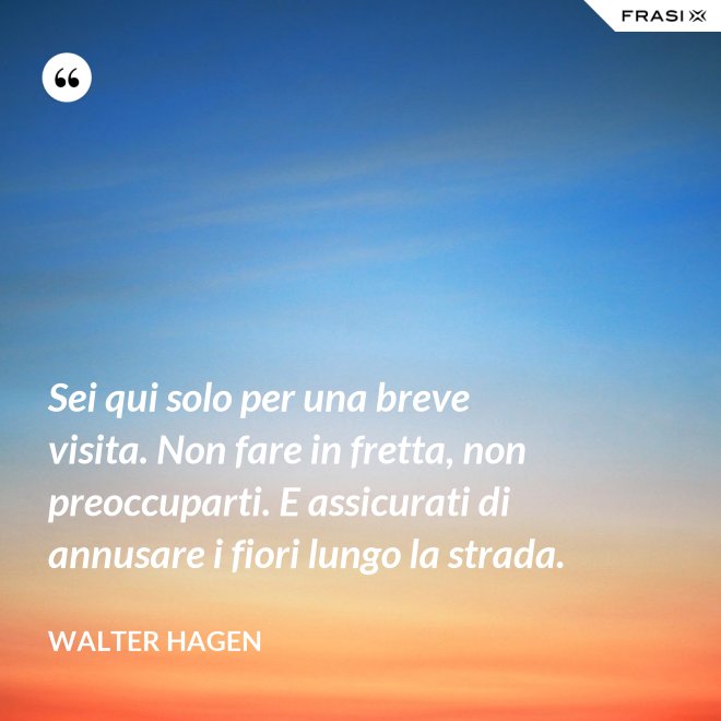 Sei qui solo per una breve visita. Non fare in fretta, non preoccuparti. E assicurati di annusare i fiori lungo la strada. - Walter Hagen