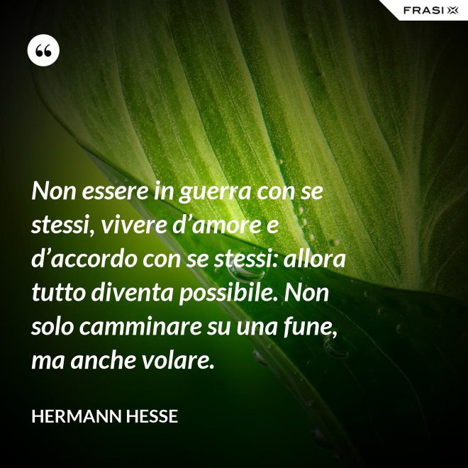 Non essere in guerra con se stessi, vivere d’amore e d’accordo con se stessi: allora tutto diventa possibile. Non solo camminare su una fune, ma anche volare. - Hermann Hesse