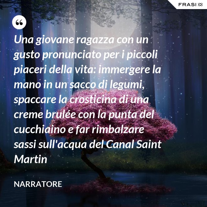 Una giovane ragazza con un gusto pronunciato per i piccoli piaceri della vita: immergere la mano in un sacco di legumi, spaccare la crosticina di una creme brulée con la punta del cucchiaino e far rimbalzare sassi sull'acqua del Canal Saint Martin - Narratore