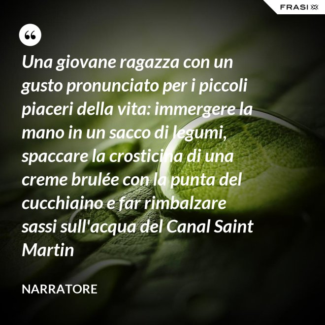 Una giovane ragazza con un gusto pronunciato per i piccoli piaceri della vita: immergere la mano in un sacco di legumi, spaccare la crosticina di una creme brulée con la punta del cucchiaino e far rimbalzare sassi sull'acqua del Canal Saint Martin - Narratore