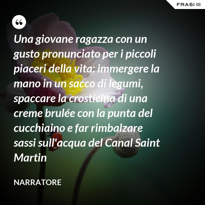 Una giovane ragazza con un gusto pronunciato per i piccoli piaceri della vita: immergere la mano in un sacco di legumi, spaccare la crosticina di una creme brulée con la punta del cucchiaino e far rimbalzare sassi sull'acqua del Canal Saint Martin - Narratore