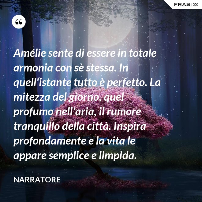 Amélie sente di essere in totale armonia con sè stessa. In quell'istante tutto è perfetto. La mitezza del giorno, quel profumo nell'aria, il rumore tranquillo della città. Inspira profondamente e la vita le appare semplice e limpida. - Narratore