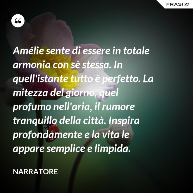 Amélie sente di essere in totale armonia con sè stessa. In quell'istante tutto è perfetto. La mitezza del giorno, quel profumo nell'aria, il rumore tranquillo della città. Inspira profondamente e la vita le appare semplice e limpida. - Narratore