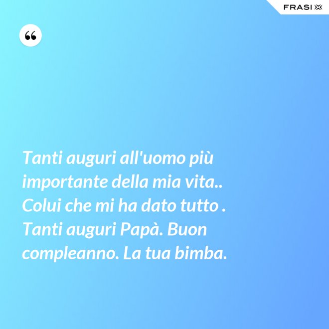 Tanti auguri all'uomo più importante della mia vita.. Colui che mi ha dato tutto . Tanti auguri Papà. Buon compleanno. La tua bimba. - Anonimo