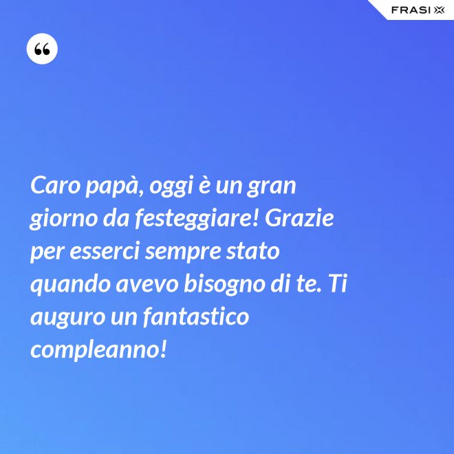 Caro papà, oggi è un gran giorno da festeggiare! Grazie per esserci sempre stato quando avevo bisogno di te. Ti auguro un fantastico compleanno! - Anonimo