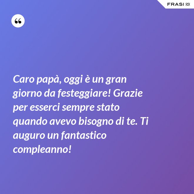 Caro papà, oggi è un gran giorno da festeggiare! Grazie per esserci sempre stato quando avevo bisogno di te. Ti auguro un fantastico compleanno! - Anonimo