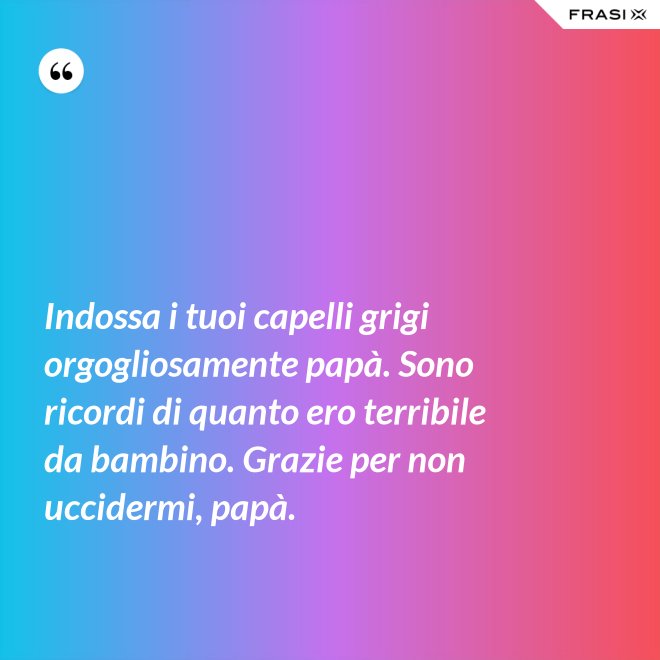 Indossa i tuoi capelli grigi orgogliosamente papà. Sono ricordi di quanto ero terribile da bambino. Grazie per non uccidermi, papà. - Anonimo
