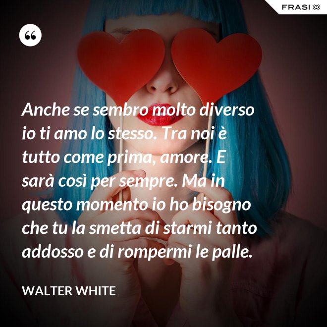 Anche se sembro molto diverso io ti amo lo stesso. Tra noi è tutto come prima, amore. E sarà così per sempre. Ma in questo momento io ho bisogno che tu la smetta di starmi tanto addosso e di rompermi le palle. - Walter White
