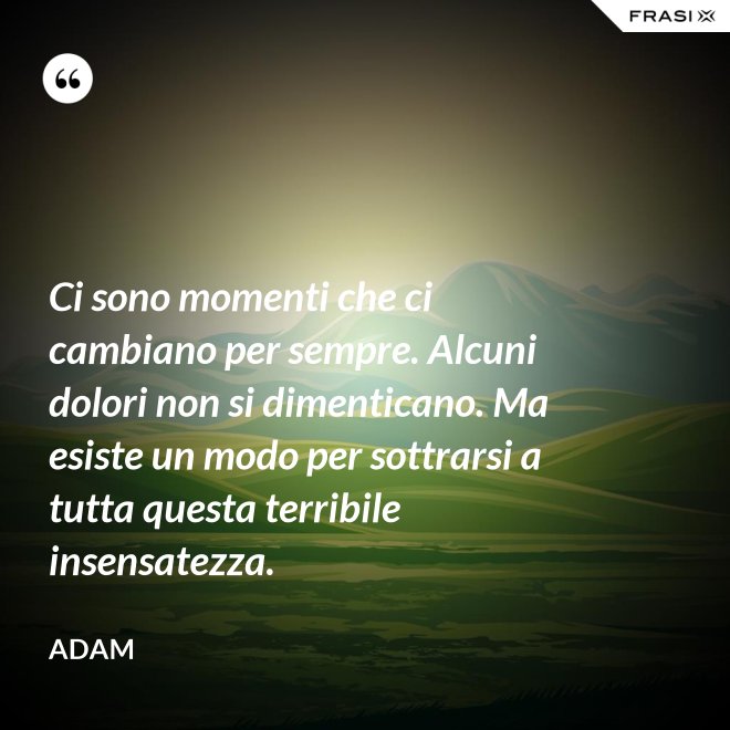Ci sono momenti che ci cambiano per sempre. Alcuni dolori non si dimenticano. Ma esiste un modo per sottrarsi a tutta questa terribile insensatezza. - Adam