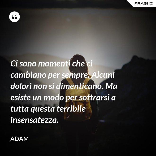 Ci sono momenti che ci cambiano per sempre. Alcuni dolori non si dimenticano. Ma esiste un modo per sottrarsi a tutta questa terribile insensatezza. - Adam