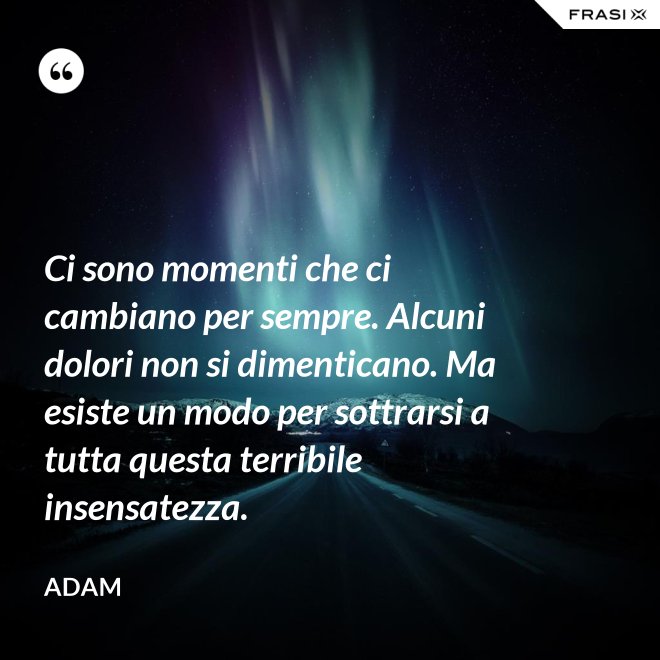 Ci sono momenti che ci cambiano per sempre. Alcuni dolori non si dimenticano. Ma esiste un modo per sottrarsi a tutta questa terribile insensatezza. - Adam