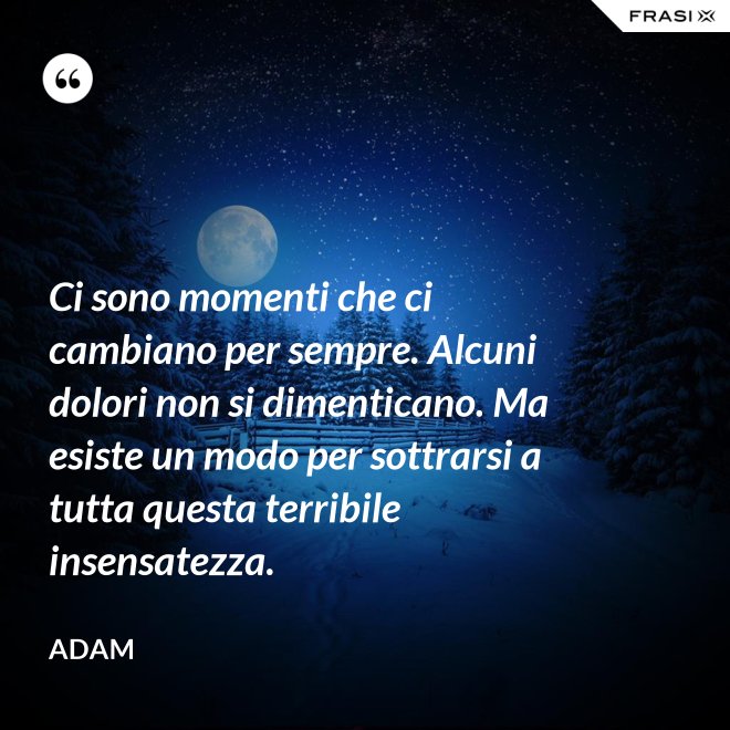 Ci sono momenti che ci cambiano per sempre. Alcuni dolori non si dimenticano. Ma esiste un modo per sottrarsi a tutta questa terribile insensatezza. - Adam