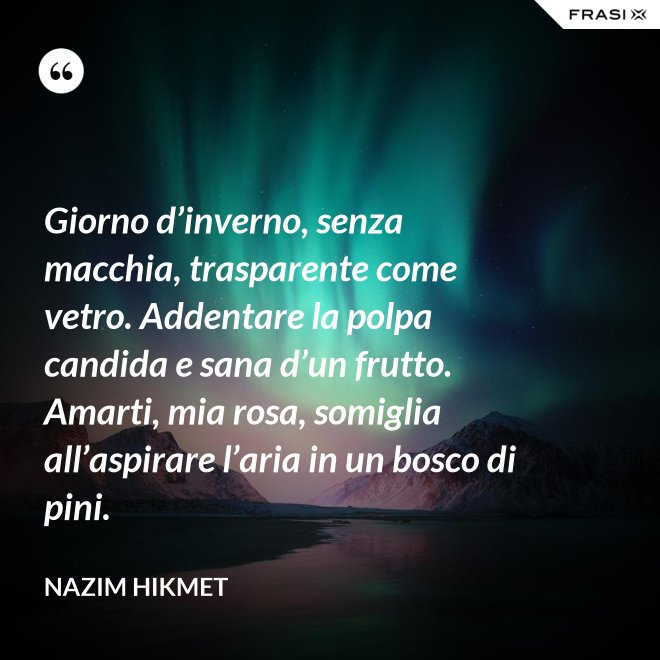 Giorno d’inverno, senza macchia, trasparente come vetro. Addentare la polpa candida e sana d’un frutto. Amarti, mia rosa, somiglia all’aspirare l’aria in un bosco di pini. - Nazim Hikmet