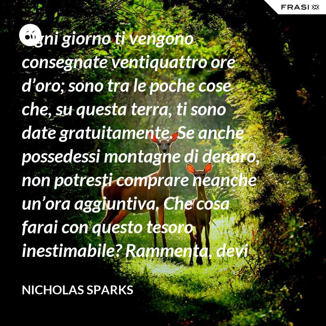 Ogni giorno ti vengono consegnate ventiquattro ore d’oro; sono tra le poche cose che, su questa terra, ti sono date gratuitamente. Se anche possedessi montagne di denaro, non potresti comprare neanche un’ora aggiuntiva. Che cosa farai con questo tesoro inestimabile? Rammenta, devi usarle, poiché ti vengono concesse una sola volta. E, se le sprechi, non potrai recuperarle. - Nicholas Sparks