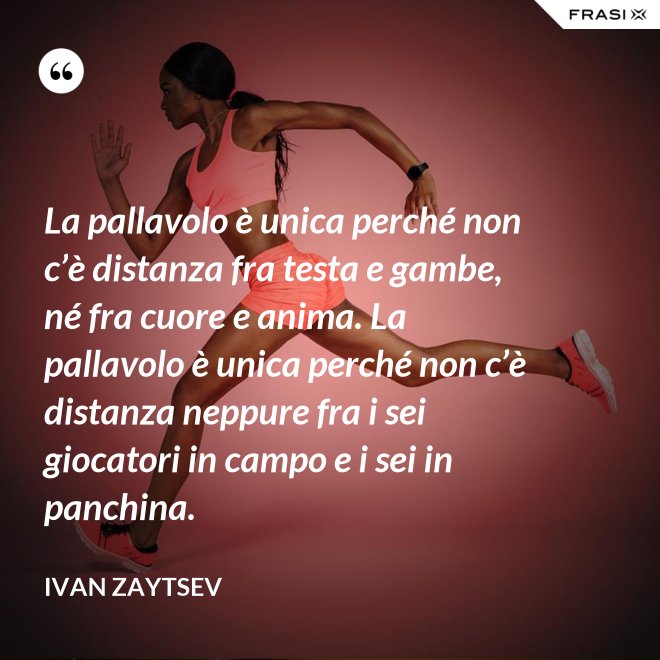 La pallavolo è unica perché non c’è distanza fra testa e gambe, né fra cuore e anima. La pallavolo è unica perché non c’è distanza neppure fra i sei giocatori in campo e i sei in panchina. - Ivan Zaytsev