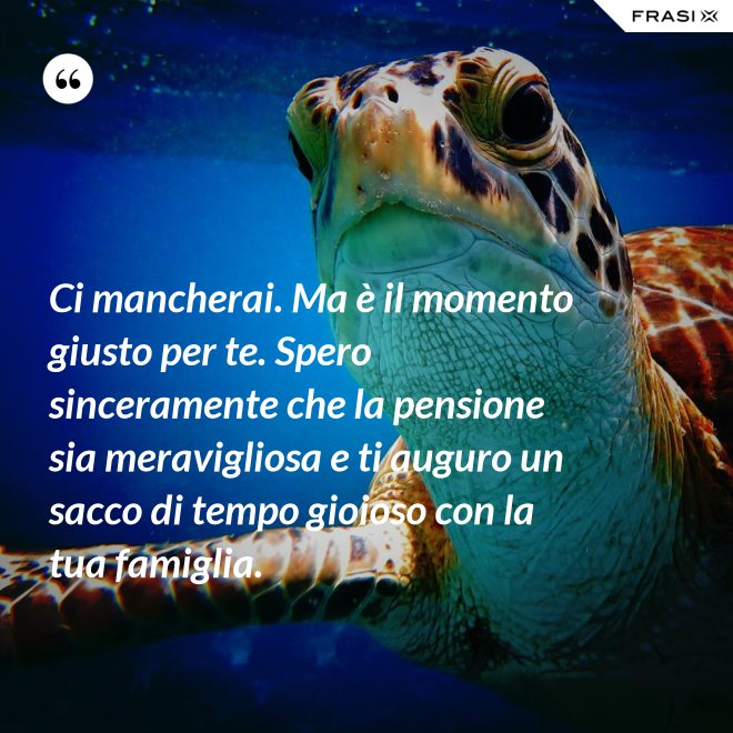 Ci mancherai. Ma è il momento giusto per te. Spero sinceramente che la pensione sia meravigliosa e ti auguro un sacco di tempo gioioso con la tua famiglia. - Anonimo