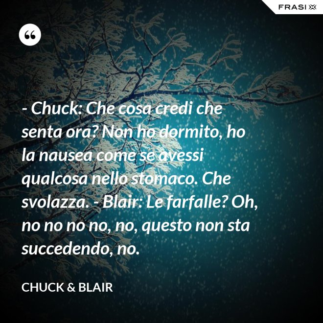 - Chuck: Che cosa credi che senta ora? Non ho dormito, ho la nausea come se avessi qualcosa nello stomaco. Che svolazza. - Blair: Le farfalle? Oh, no no no no, no, questo non sta succedendo, no. - Chuck & Blair