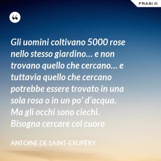 Gli uomini coltivano 5000 rose nello stesso giardino… e non trovano quello che cercano… e tuttavia quello che cercano potrebbe essere trovato in una sola rosa o in un po’ d’acqua. Ma gli occhi sono ciechi. Bisogna cercare col cuore - Antoine de Saint-Exupèry