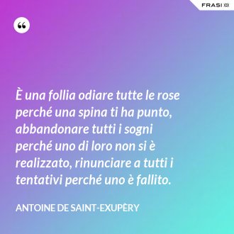 È una follia odiare tutte le rose perché una spina ti ha punto, abbandonare tutti i sogni perché uno di loro non si è realizzato, rinunciare a tutti i tentativi perché uno è fallito. - Antoine de Saint-Exupèry