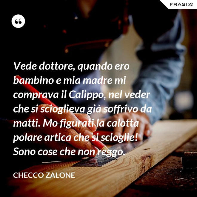 Vede dottore, quando ero bambino e mia madre mi comprava il Calippo, nel veder che si scioglieva già soffrivo da matti. Mo figurati la calotta polare artica che si scioglie! Sono cose che non reggo. - Checco Zalone