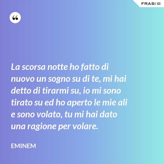 La scorsa notte ho fatto di nuovo un sogno su di te, mi hai detto di tirarmi su, io mi sono tirato su ed ho aperto le mie ali e sono volato, tu mi hai dato una ragione per volare. - Eminem
