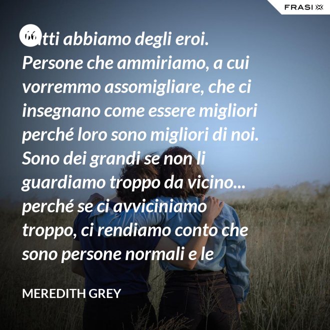 Tutti abbiamo degli eroi. Persone che ammiriamo, a cui vorremmo assomigliare, che ci insegnano come essere migliori perché loro sono migliori di noi. Sono dei grandi se non li guardiamo troppo da vicino... perché se ci avviciniamo troppo, ci rendiamo conto che sono persone normali e le persone normali possono deluderci. - Meredith Grey
