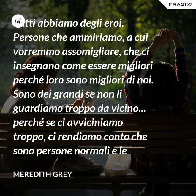 Tutti abbiamo degli eroi. Persone che ammiriamo, a cui vorremmo assomigliare, che ci insegnano come essere migliori perché loro sono migliori di noi. Sono dei grandi se non li guardiamo troppo da vicino... perché se ci avviciniamo troppo, ci rendiamo conto che sono persone normali e le persone normali possono deluderci. - Meredith Grey