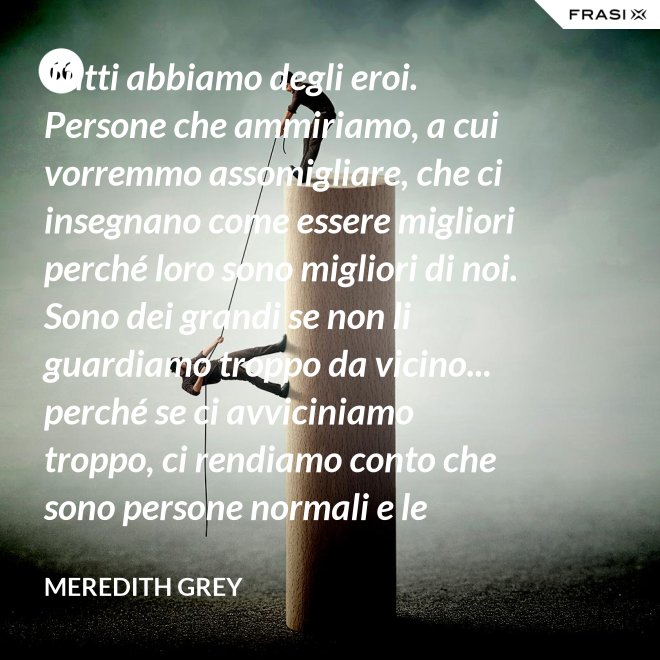 Tutti abbiamo degli eroi. Persone che ammiriamo, a cui vorremmo assomigliare, che ci insegnano come essere migliori perché loro sono migliori di noi. Sono dei grandi se non li guardiamo troppo da vicino... perché se ci avviciniamo troppo, ci rendiamo conto che sono persone normali e le persone normali possono deluderci. - Meredith Grey