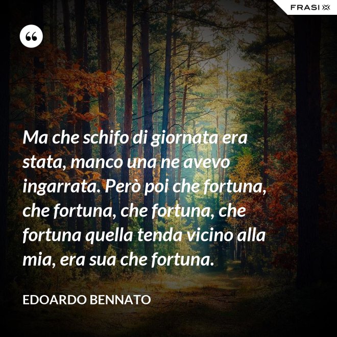 Ma che schifo di giornata era stata, manco una ne avevo ingarrata. Però poi che fortuna, che fortuna, che fortuna, che fortuna quella tenda vicino alla mia, era sua che fortuna. - Edoardo Bennato