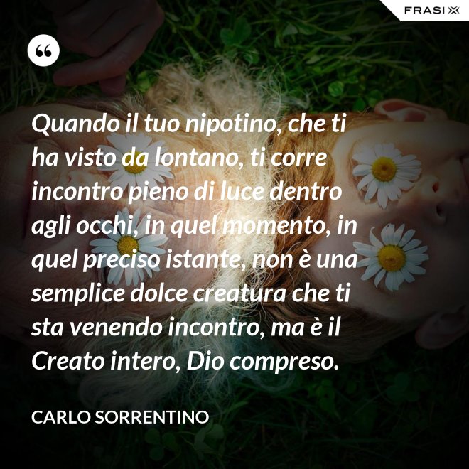 Quando il tuo nipotino, che ti ha visto da lontano, ti corre incontro pieno di luce dentro agli occhi, in quel momento, in quel preciso istante, non è una semplice dolce creatura che ti sta venendo incontro, ma è il Creato intero, Dio compreso. - Carlo Sorrentino