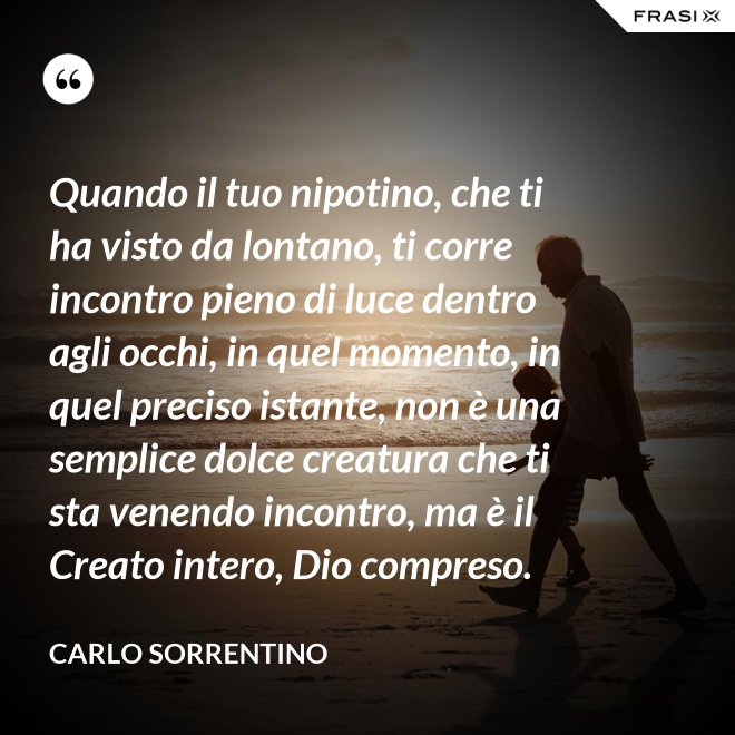 Quando il tuo nipotino, che ti ha visto da lontano, ti corre incontro pieno di luce dentro agli occhi, in quel momento, in quel preciso istante, non è una semplice dolce creatura che ti sta venendo incontro, ma è il Creato intero, Dio compreso. - Carlo Sorrentino